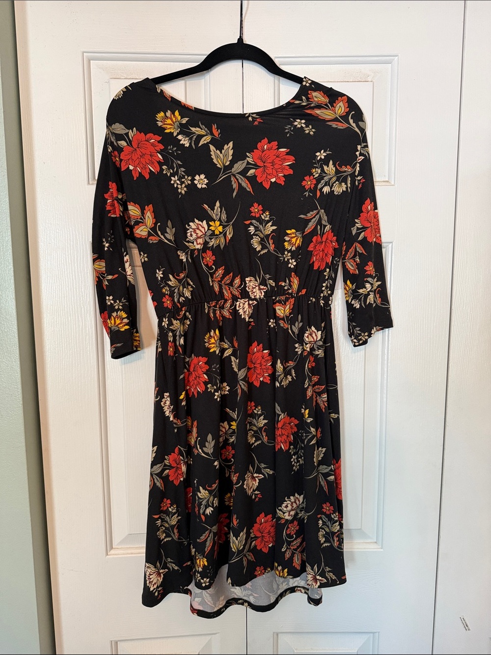 Black Floral Fit-&-Flare Dress with Red & Yellow Blooms, 3/4 sleeve. NWT